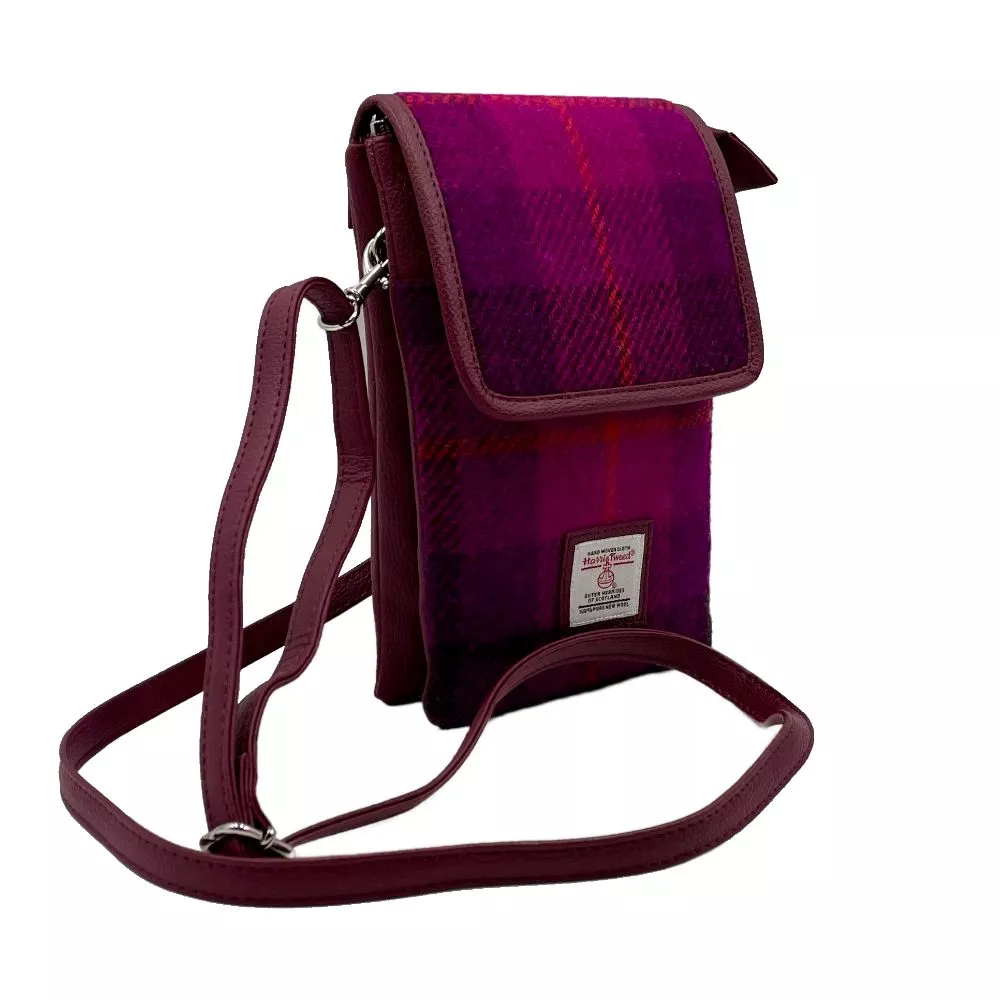 Purple mini bag in Harris Tweed and vegan leather with long crossbody strap