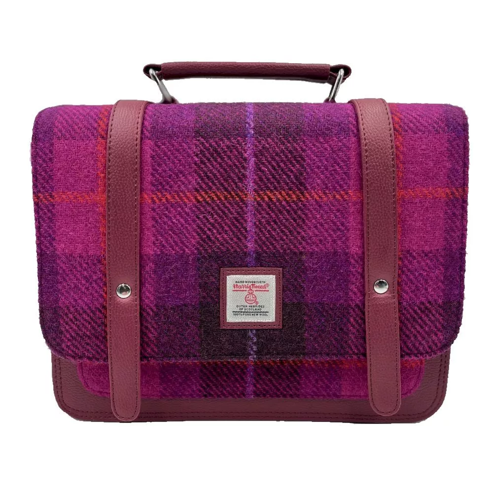 Purple Check Harris Tweed Mini Messenger Bag with vegan leather trim