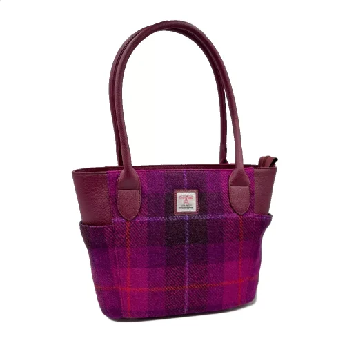Ladies Purple Check Tote Bag in Harris Tweed and Burgundy Vegan leather