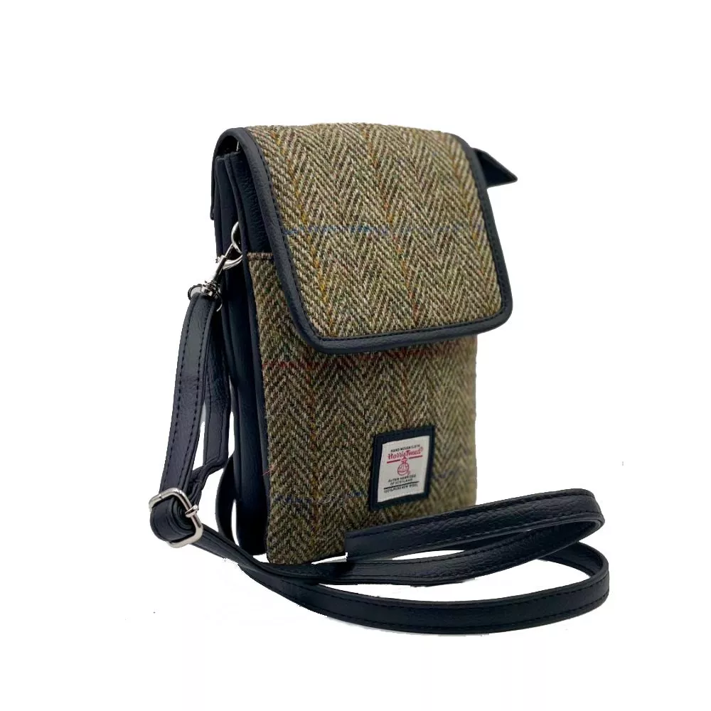 Green Mini Bag with long strap in Harris Tweed and Vegan Leather trim
