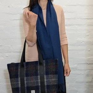 thin wool scarf in navy with large shopper bag in blue check Harris Tweed