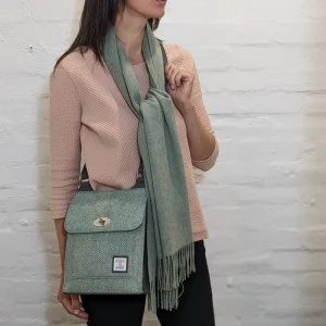 lightweight wool scarf olive and turquoise herringbone Harris Tweed satchel bag