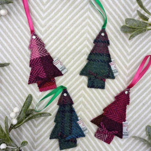 Four Harris Tweed Christmas Tree hanging decorations