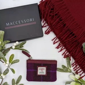 Coin Purse in Purple Check Harris Tweed with Gift Box and Burgundy Wool Scarf