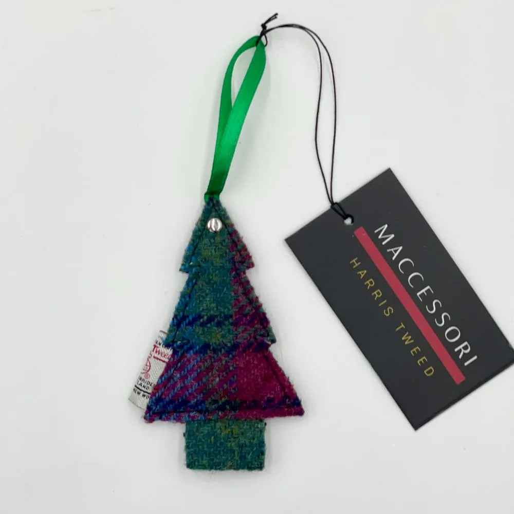 Christmas Tree Decoration made from Green and Pink Harris Tweed with green ribbon and Genuine Harris Tweed label