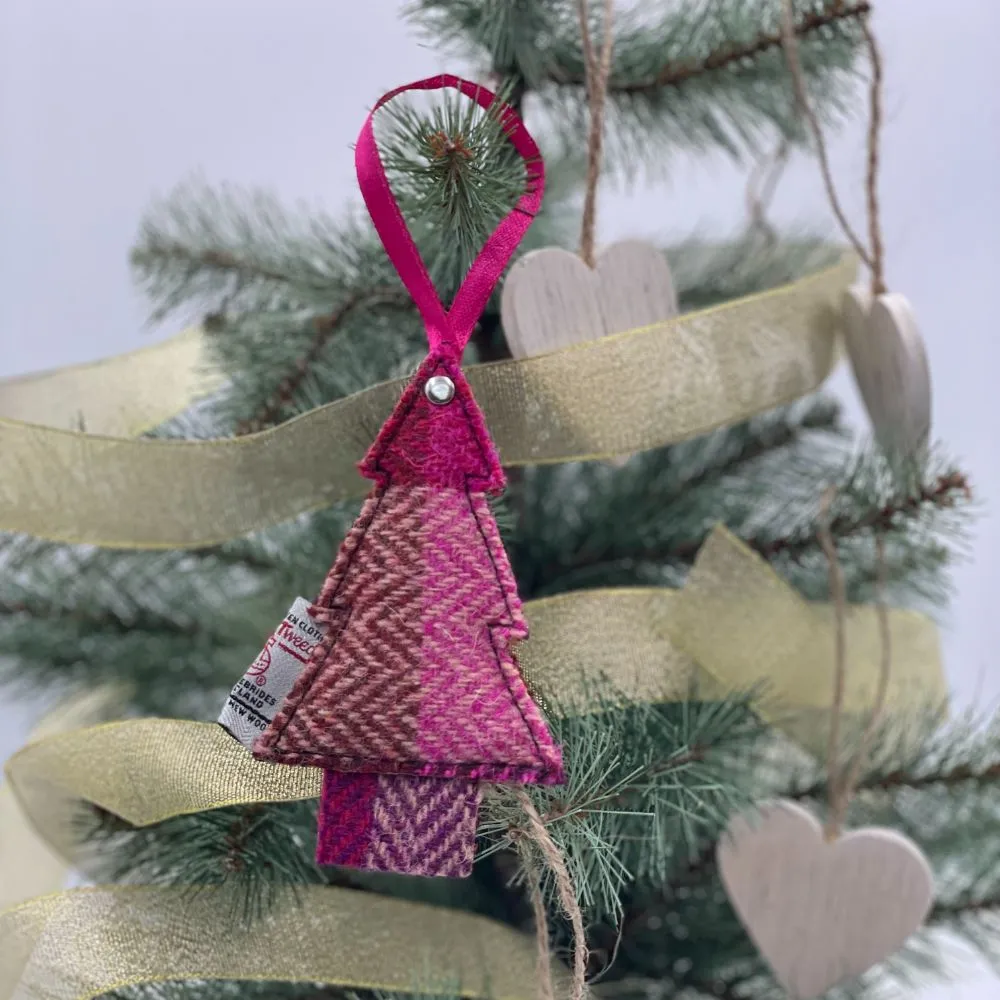 Christmas Tree Decoration made from Pink Harris Tweed with pink ribbon
