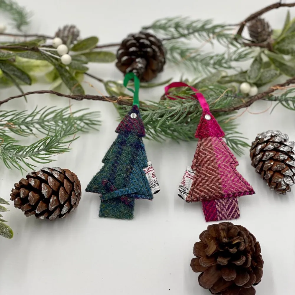 Christmas Tree Decorations made from Green and Pink Harris Tweed