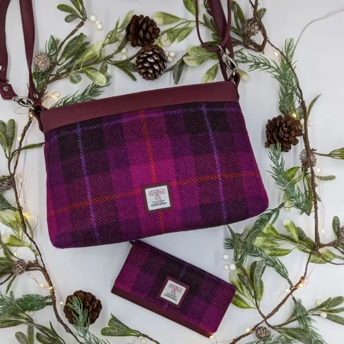Gift Set Ladies Large Shoulder Bag and Envelope Purse in Purple Check Harris Tweed
