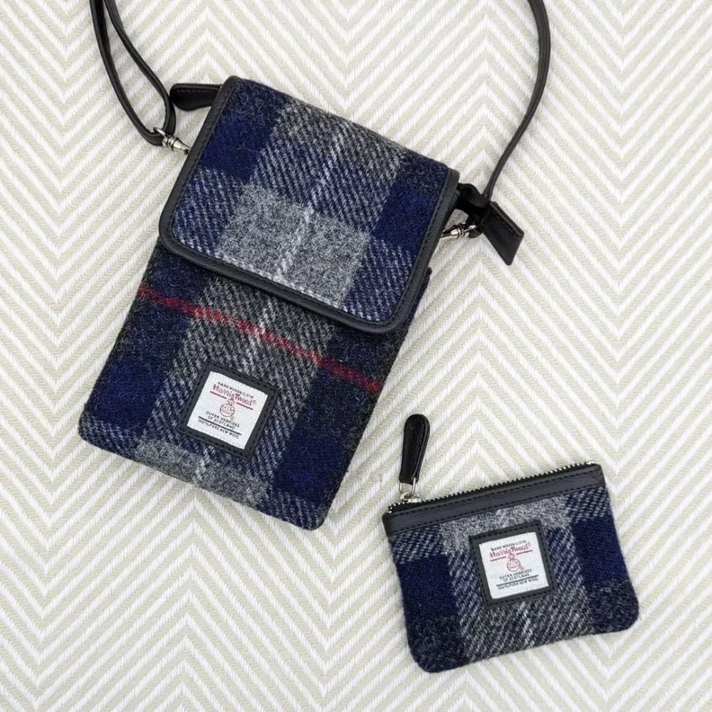 Mini Crossbody and Coin Purse in Blue Check Harris Tweed