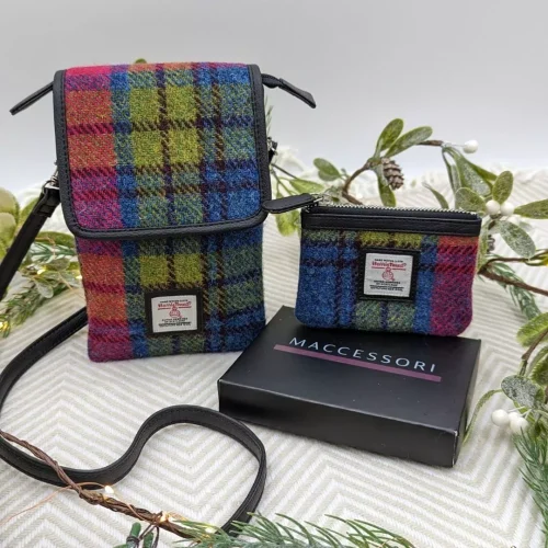 Mini Crossbody and Coin Purse with Gift Box in Blue Pink Harris Tweed
