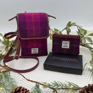Mini Crossbody and Coin Purse with Gift Box in Purple Check Harris Tweed