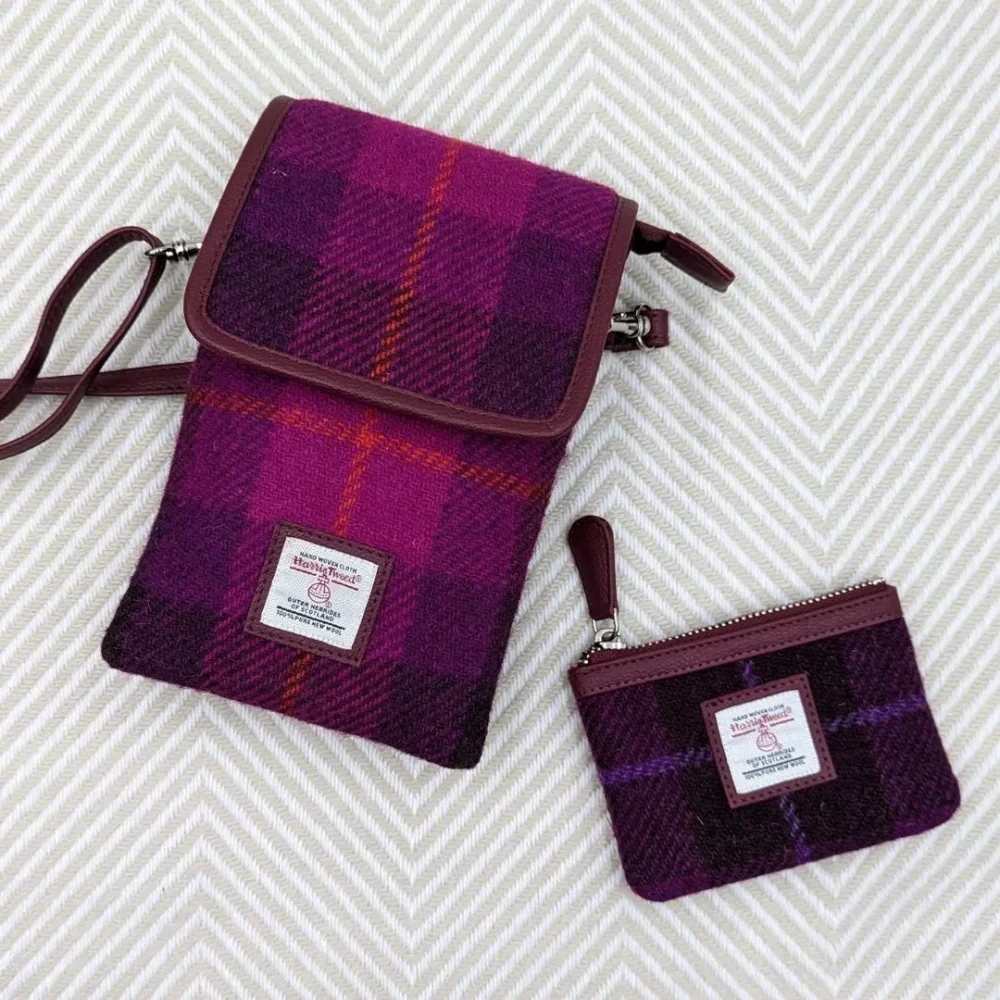 Handbag Gift Set: Mini Crossbody and Coin Purse in Purple Check Harris Tweed