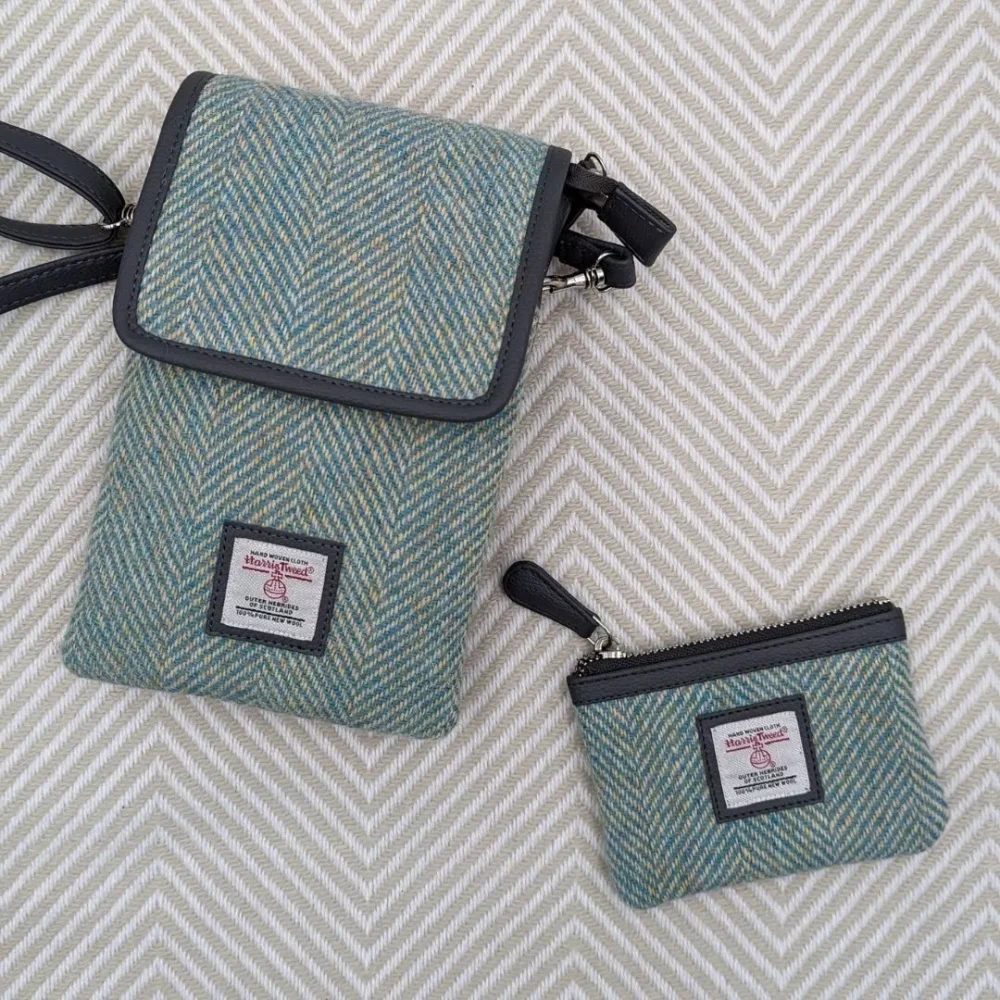 Matching Bag and Purse set: Mini Crossbody Bag and Zip Purse in Turquoise Harris Tweed