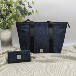 Shopper Bag and Envelope Purse Blue Harris Tweed
