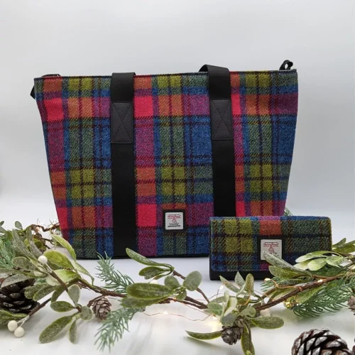 Gift Set: Shopper Bag and Envelope Purse Blue Pink Harris Tweed