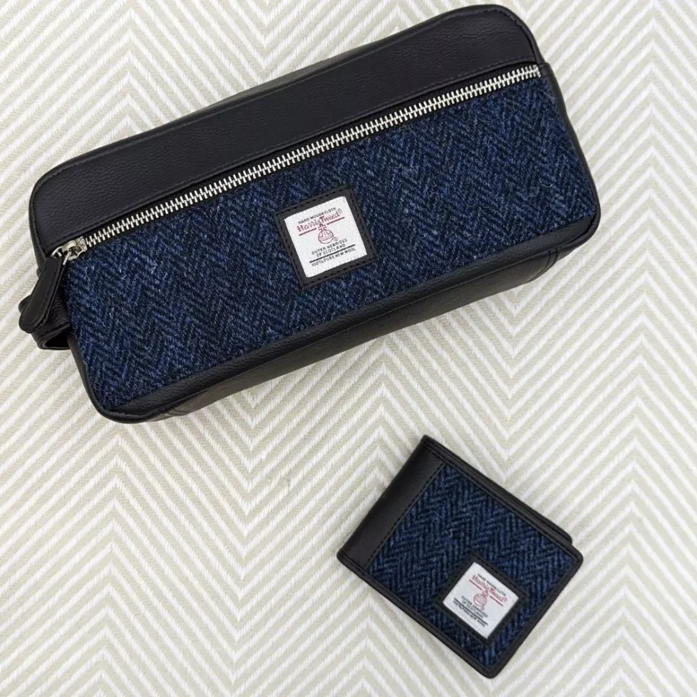 Men's Wash Bag Gift Set with Trifold Wallet in Blue Harris Tweed