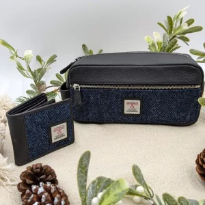 Men's Wash Bag Gift Set with Trifold Wallet in Blue Harris Tweed