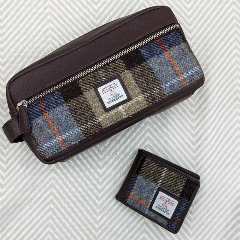 Men's Wash Bag Gift Set with Trifold Wallet in Blue Brown Harris Tweed