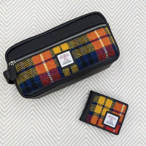 Men's Wash Bag and Trifold Wallet Gift Set in Saffron Yellow Harris Tweed