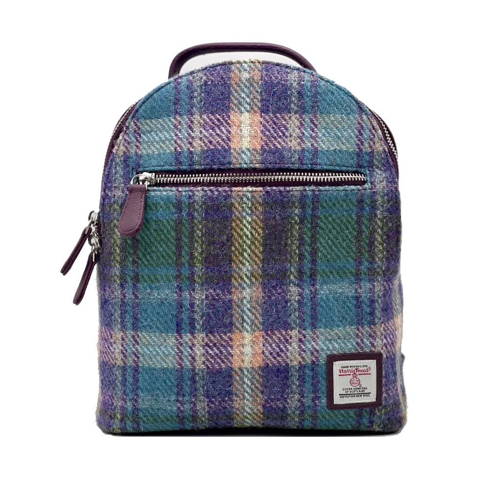 Green/Purple Plaid Harris Tweed backpack with front zip pocket and purple vegan leather trim