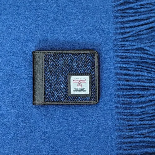 Navy Wool Scarf and Blue Harris Tweed Wallet for Men