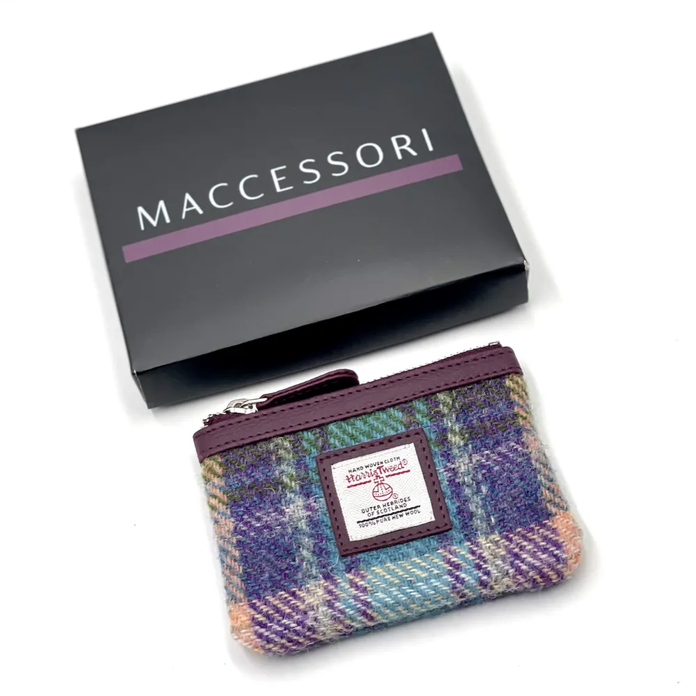 Green and Purple Plaid Harris Tweed Coin Purse with Black Maccessori Gift Box