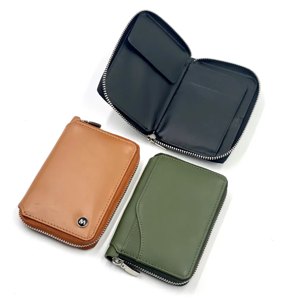 Italian leather zip wallet collection in three colours - black, tan and olive