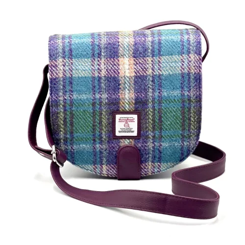 Green and Purple Plaid Crossbody Bag in Harris Tweed with adjustable cross body strap