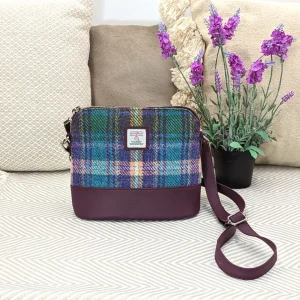 Square Shoulder Bag with purple vegan leather and Green and Purple Plaid Harris Tweed