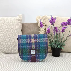 Small Cross body Bag with purple vegan leather and Green and Purple Plaid Harris Tweed