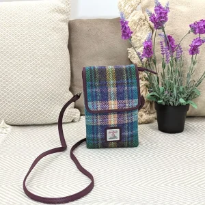 Mini Crossbody Bag with purple vegan leather and Green and Purple Plaid Harris Tweed