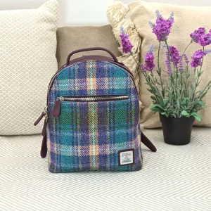 Backpack with purple vegan leather and Green and Purple Plaid Harris Tweed