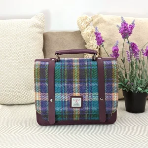 Mini Messenger Bag with purple vegan leather and Green and Purple Plaid Harris Tweed