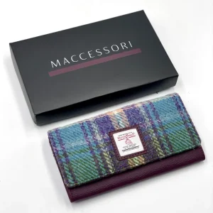 Green and Purple Envelope Purse in Plaid Harris Tweed with purple vegan leather trim with black Maccessori gift box
