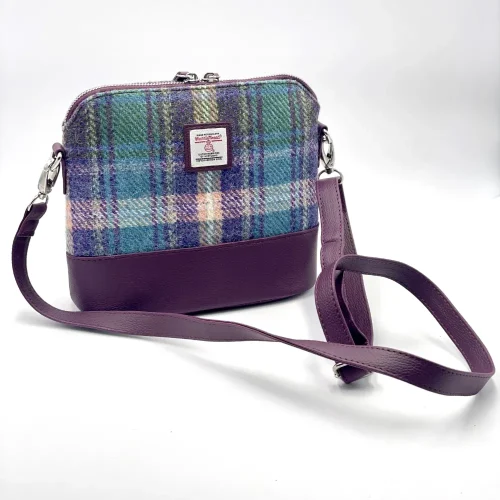 Green and Purple Plaid Harris Tweed Square Shoulder Bag with purple vegan leather trim