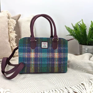 Green/Purple Plaid Check Harris Tweed Top Handle Handbag