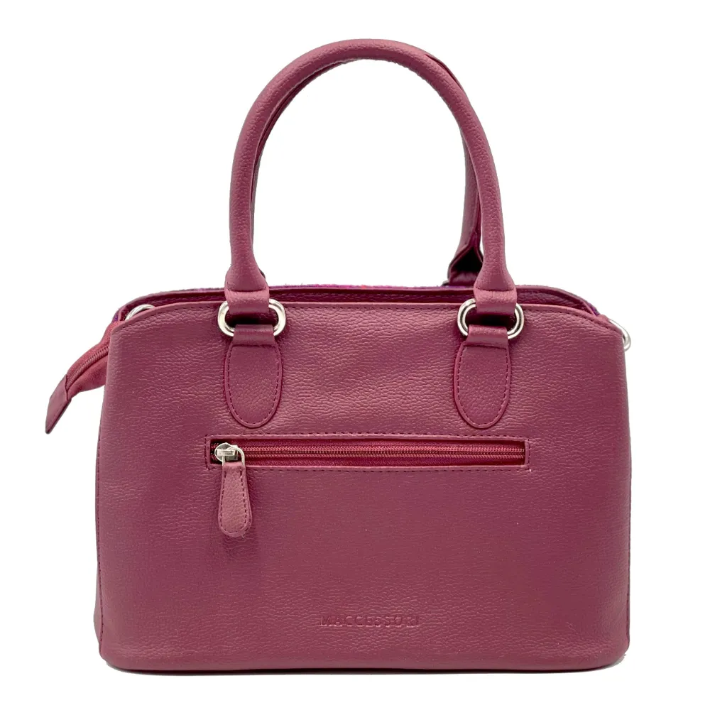 Reverse of Purple Check Harris Tweed Top Handle Handbag showing zip pocket on oxblood vegan leather