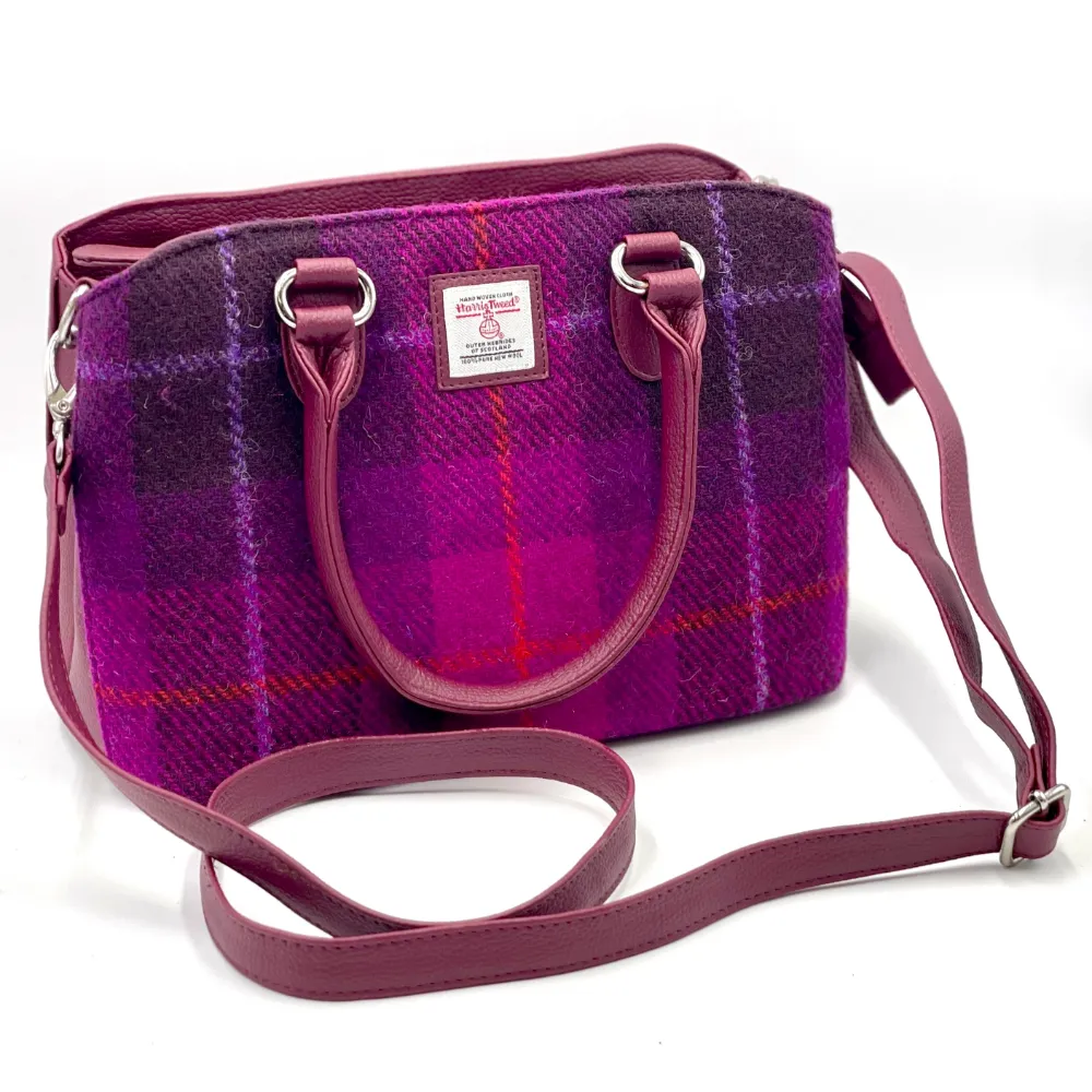 Purple Check Harris Tweed and Burgundy vegan leather Top Handle Handbag with removable/adjustable cross body strap
