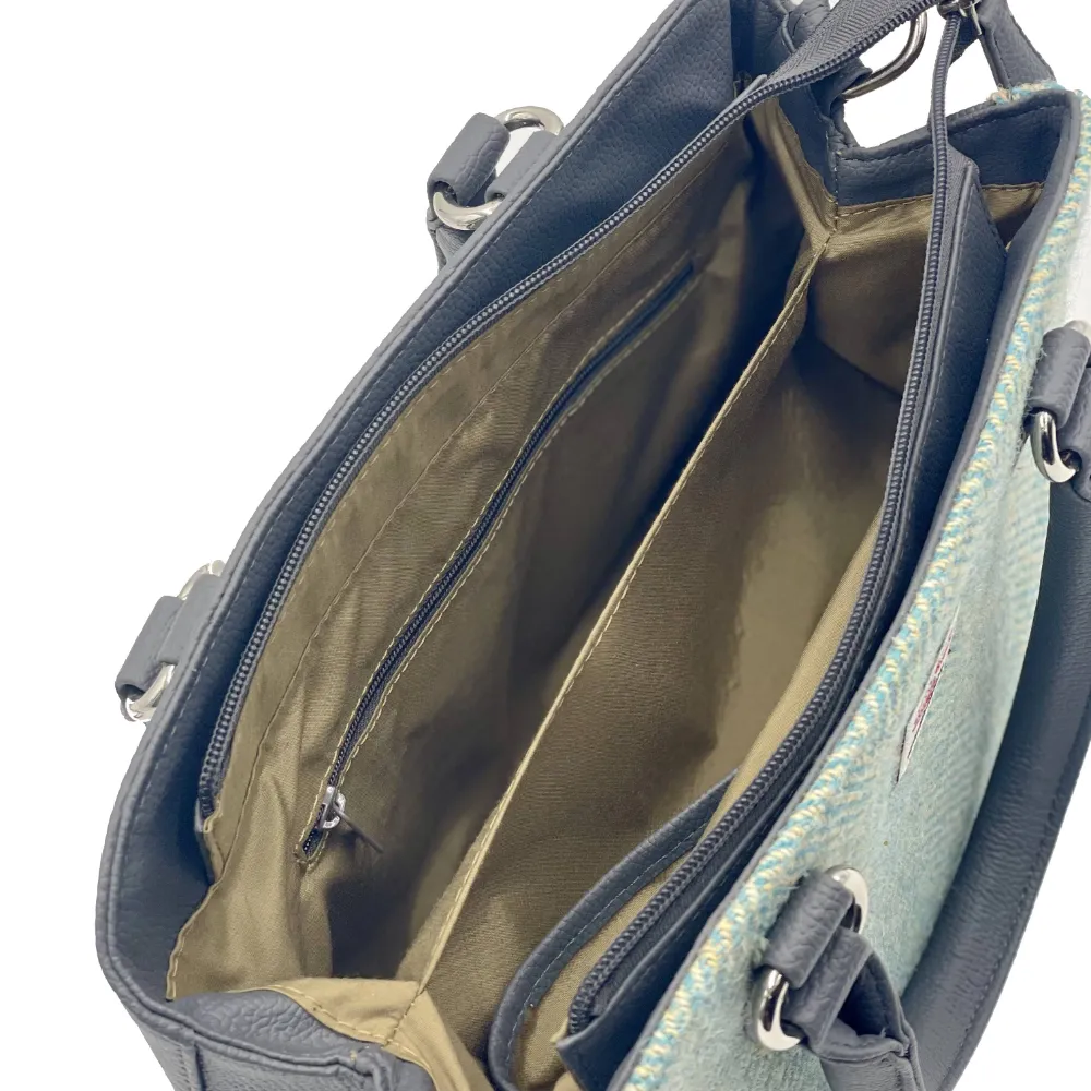 Inside Turquoise Herringbone Harris Tweed and Grey vegan leather Top Handle Handbag showing two large compartments and small zip pocket