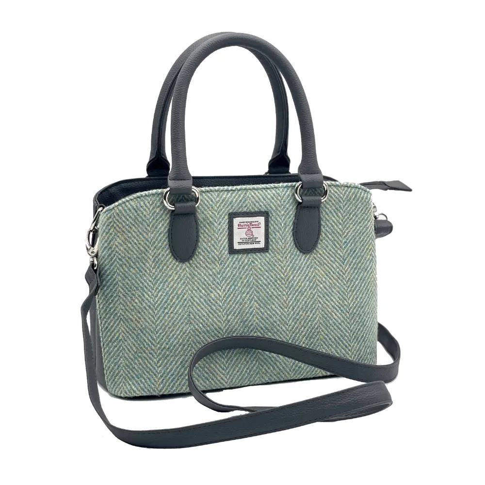 Turquoise Herringbone Harris Tweed and Grey vegan leather Top Handle Handbag with removable/adjustable cross body strap