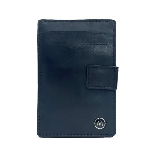Black leather card holder showing card slots and magnetic leather pull tab