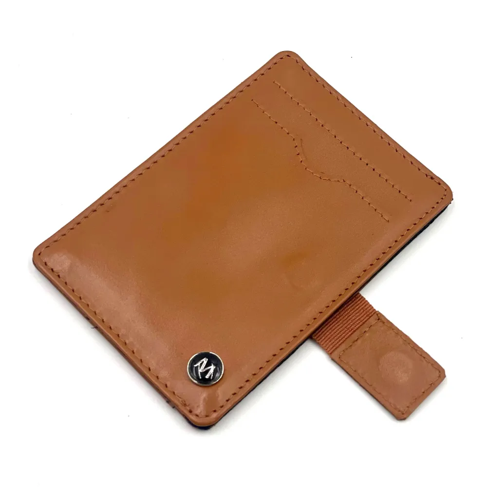 Olive leather card holder showing opened magnetic leather pull tab giving access to RFID protected pouch