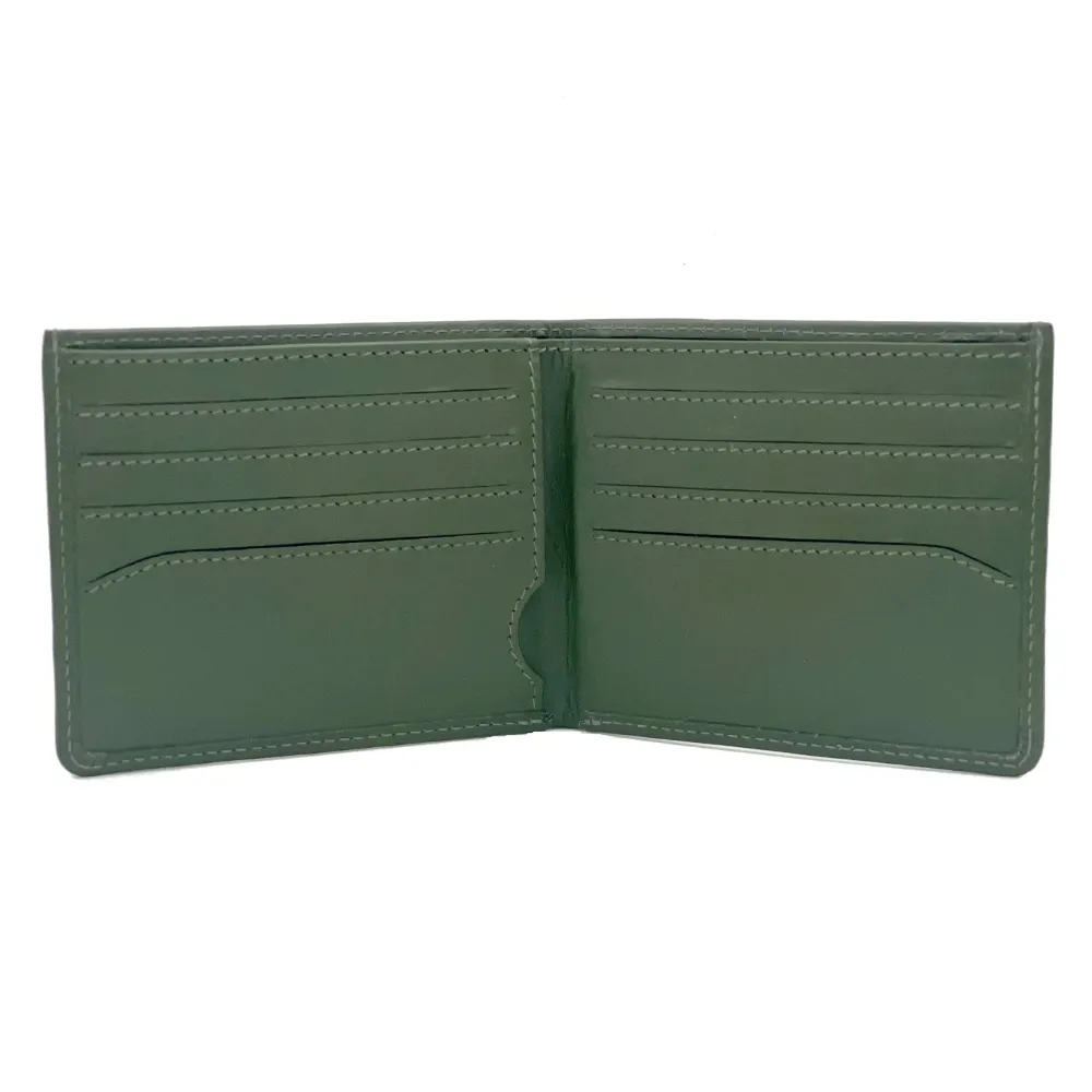 inside of olive green leather slim bifold wallet showing card slots and note compartment