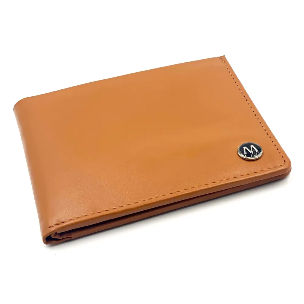 slim bifold wallet leather tan side