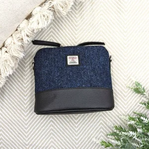 Blue Harris Tweed Square Shoulder Bag with vegan leather base 