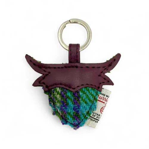 Highland Coo Keyring Green Purple Plaid Harris Tweed (4)